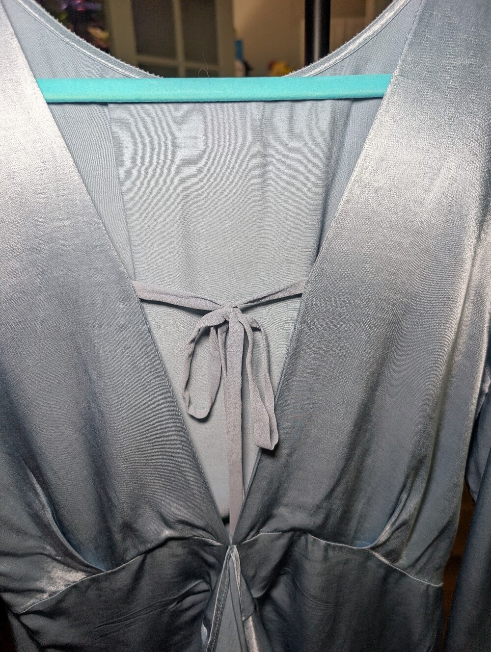 Silky Deep V-Neck Long Sleeve Chemise - Slate Gray - Picture 4 of 4